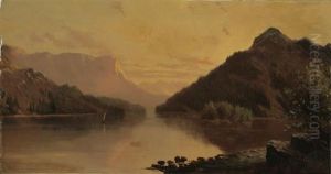 Ship In A Mountain River Landscape by Cyrenius Hall