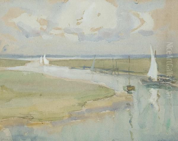 River Estuary With Boats - view 1