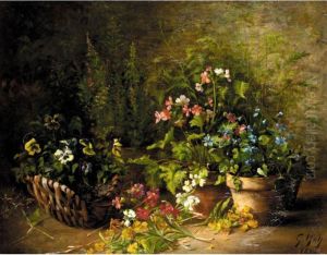 Still Life Of Flowers In Pots And A Basket by Gustave Hall