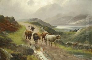 Highland Cattlereturning To The Homestead, With Cattle And Drover, A Cottage Andloch Beyond by Harold Hall