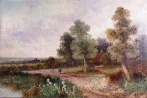A Figure In A Wooded Landscape With Distant Cottage by M. Hall