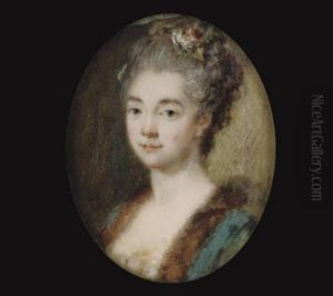 A Young Lady In White Underslip And Fur-bordered Green Dress, Flowers In Her Upswept Hair by Peter Adolf Hall