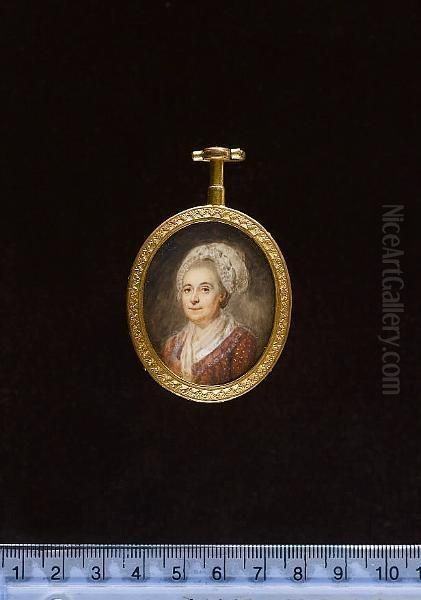 A Lady, Called Mme Geoffrin, Wearing Brown Dress Decorated With Multicoloured Spots, White Lace Collar, White Fichu And Matching Bonnet With Blue Ribbon Tie. - view 1