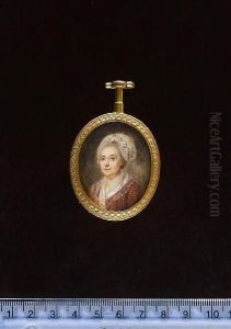 A Lady, Called Mme Geoffrin, Wearing Brown Dress Decorated With Multicoloured Spots, White Lace Collar, White Fichu And Matching Bonnet With Blue Ribbon Tie. by Peter Adolf Hall