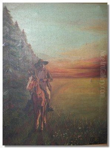 Cowboy Riding By A Forest At Sunset - view 1