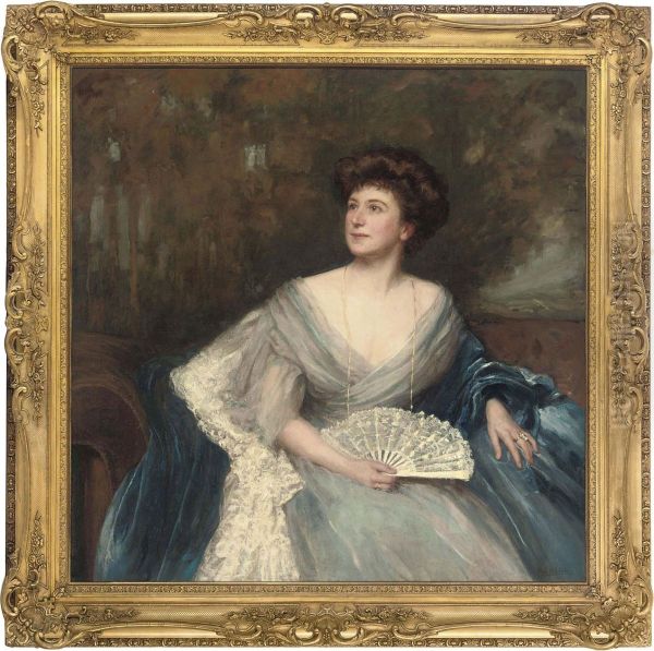 Portrait Of Mrs James Herbert Wild (nee Sarah Alice Nesbit Rhodes Of Glossop), Seated Three-quarter-length, In A Light Blue Dress And Dark Blue Wrap, Holding A Fan - view 1