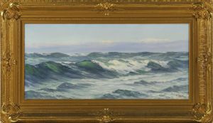 View Of Rolling Waves With Seagulls And Clouds by Charles Edward Hallberg