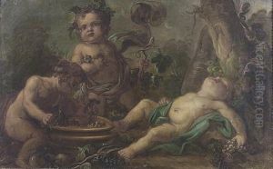 Drei Putti In Einem Weinberg. by Claude-Guy Halle
