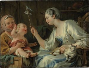 A Lady Entertaining A Child Of A Savoyard Woman With A Pinwheel by Noel Halle