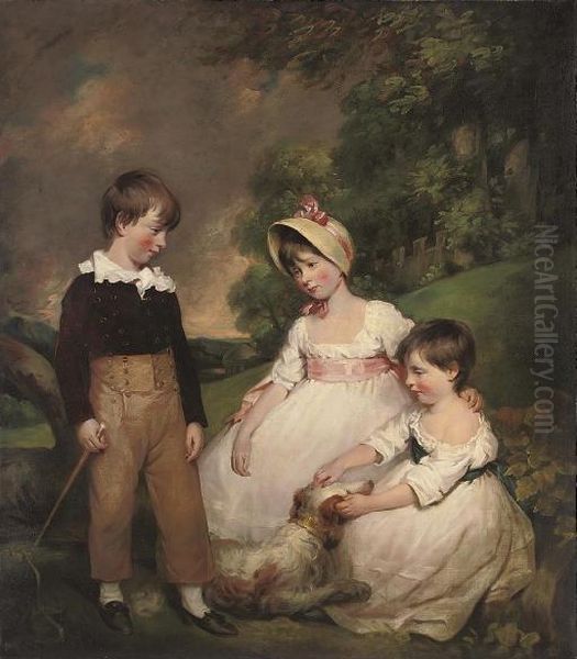Group Portrait Of The Wallinger Children, Full-length, The Boy Standing In Breeches Holding A Riding Crop, The Girls Seated In White Dresses, One With A Pink Sash And Bonnet With Pink Ribbons, The Other With A Blue Sash, With A Spaniel, In A Garden - view 1