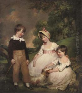Group Portrait Of The Wallinger Children, Full-length, The Boy Standing In Breeches Holding A Riding Crop, The Girls Seated In White Dresses, One With A Pink Sash And Bonnet With Pink Ribbons, The Other With A Blue Sash, With A Spaniel, In A Garden by John James Halls