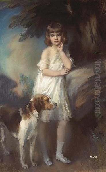A Portrait Of Gloria Gould, Full-length, In Awhite Dress With Her Dog By Her Side - view 1