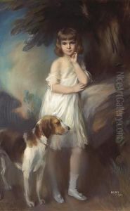 A Portrait Of Gloria Gould, Full-length, In Awhite Dress With Her Dog By Her Side by Artur Lajos Halmi
