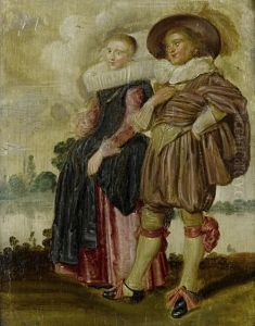 An Elegant Couple Taking A Stroll Beside A River by Dirck Hals