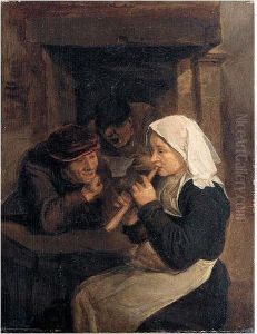 An Interior With Peasants Singing And A Woman Playing A Recorder Before A Fireplace by Harmen Fransz. Hals