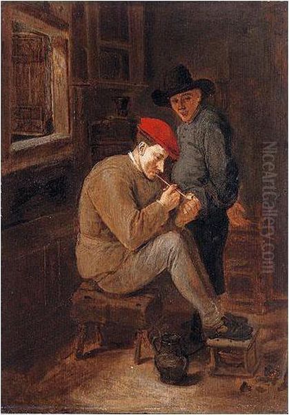 A Peasant Interior With A Boor Lighting His Clay Pipe, Another Figure Standing Beside Him - view 1