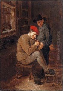 A Peasant Interior With A Boor Lighting His Clay Pipe, Another Figure Standing Beside Him by Harmen Fransz. Hals
