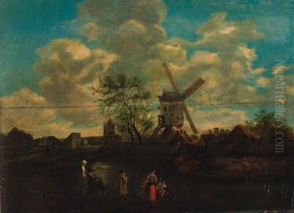 Peasants In A River Landscape, A Windmill Beyond - view 1