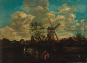 Peasants In A River Landscape, A Windmill Beyond by Claes Hals
