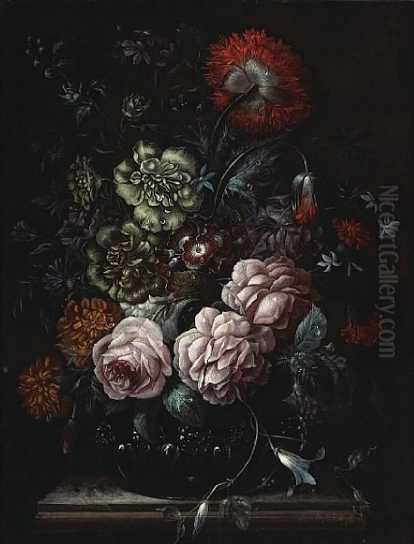 A Still Life With Roses, Carnations And Other Flowers In A Vase Placed On An Entablature - view 1