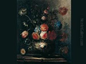 Blumenstrauss In Einer Reliefierten Tonvase Auf Einem Tisch by Johann Baptist Halszel
