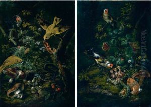 A Forest Floor Still Life With Goldfinches Feeding Their Chicks by Johann Baptist Halszel