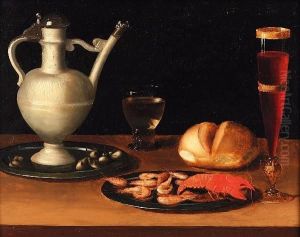 A Stoneware Jug On A Pewter Salver With A
, A Bread Roll, A Pewter Dish Of Shrimps And A Crayfish And A Wine Glass On A Table by Johann Michael Hambach