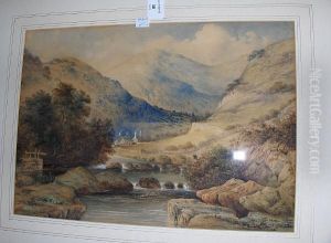 Cottages By A River In A Valley Landscape by J. Hamer