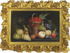 Cherries In A Basket With Grapes, Peaches, Pears, Apples And Awatermelon On A Ledge