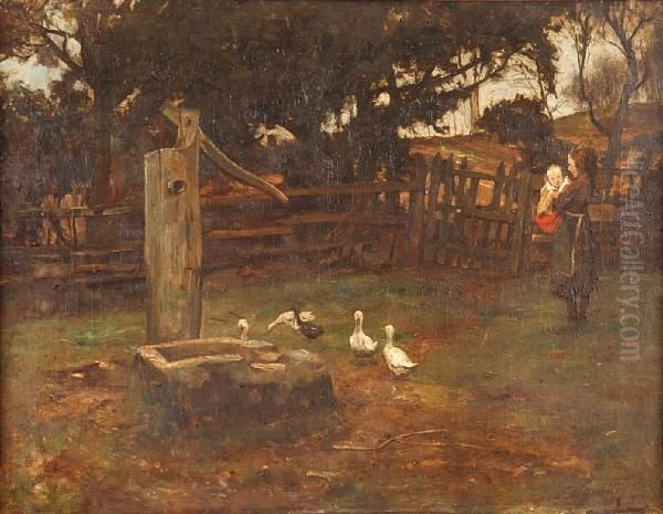 Children And Geese At A Pump - view 1