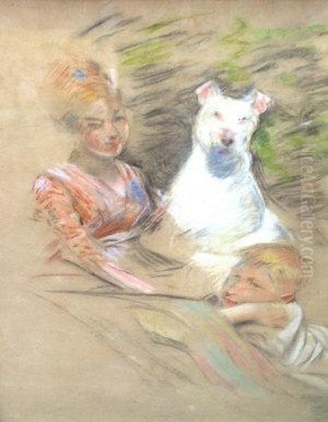 Family Group Portrait; Black And Coloured Chalk, In A Carved Giltwood Frame, 58x43cm - view 1