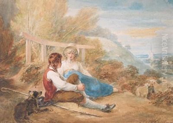 A Shepherd And Shepherdess In A Landscape, A Village Beyond - view 1