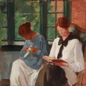 Interior With Two Reading And Sewing Women by Marius Hammann