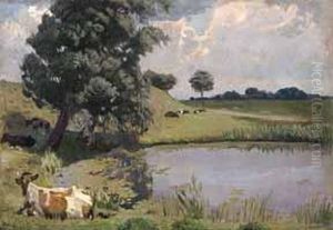 Liegende Kuh Vor Einem Kleinen See. by Hans Hammer