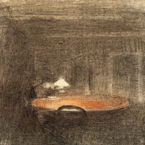 Evening Interior With A Figure At A Table by Vilhelm Hammershoi