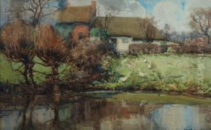A Duck Pond Before Thatched Cottages A Duck Pond Before Thatched Cottages