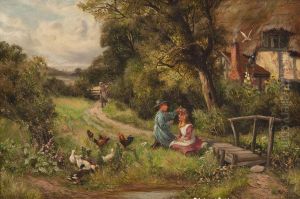 Spielende Kinder Vor Dem Cottage by Robert John Hammond