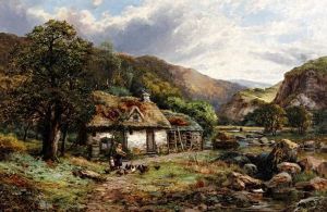 Mother And Child Feeding Hens Before A Tumbledown Thatched Cottage By A River