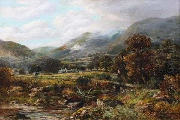 Figure Crossing Over A Stream, Mountainsbeyond - view 1