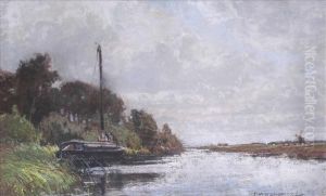 Abroadland Scene, With Sailing Barge, Windmill And Cattle