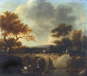 Idyllische Landschaft Mit Brucke Und Reisenden by Michel Hamon-Duplessis