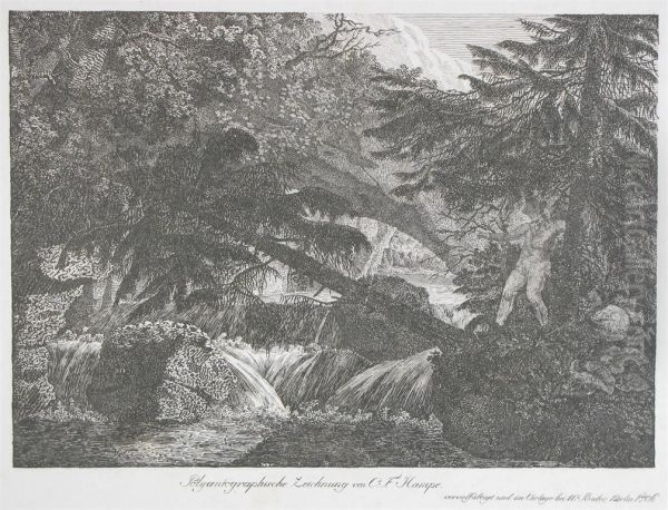 A Man Crossing A Torrent In A Wood - view 1