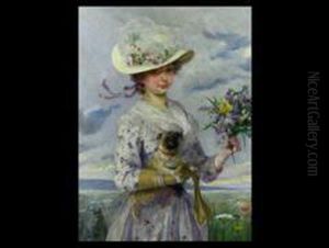 Selbstbildnis Mit Mops Und Blumenstrauss by Charlotte Hampel