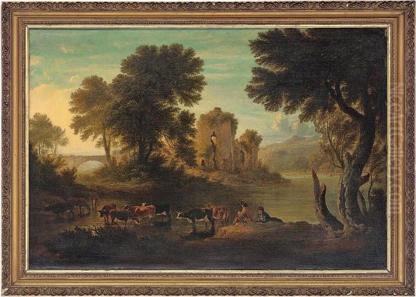 Drovers With Cattle Beside A River - view 1