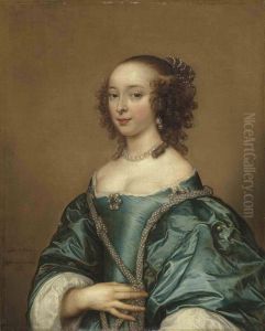 Portrait Of A Lady, Half-length, In A Blue Dress With Pearls by Adriaen Hanneman