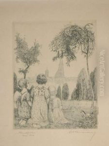 Ein Engel Und Zwei Kinder Beim Abendgebet, Im Hintergrund Der Kolner Dom. by Hubert Hannemann