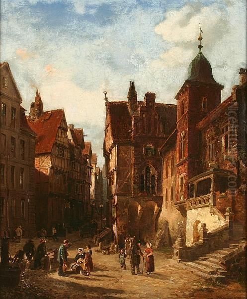 Andr. Frederich Wilhelm Von Hanno (1826-1882) Continental Town Scene With Figures - view 1