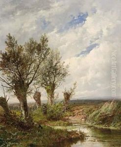 Vast Dutch Landscape With A Hunter Under Pollarded Willows by Josephus Gerardus Hans