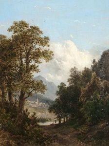 Figures On A Woodland Path, A Village Beyond by Josephus Gerardus Hans