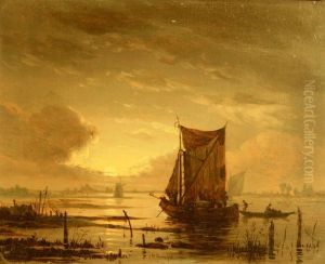 Avondstemming Op De Rivier. Gesigneerd by Josephus Gerardus Hans